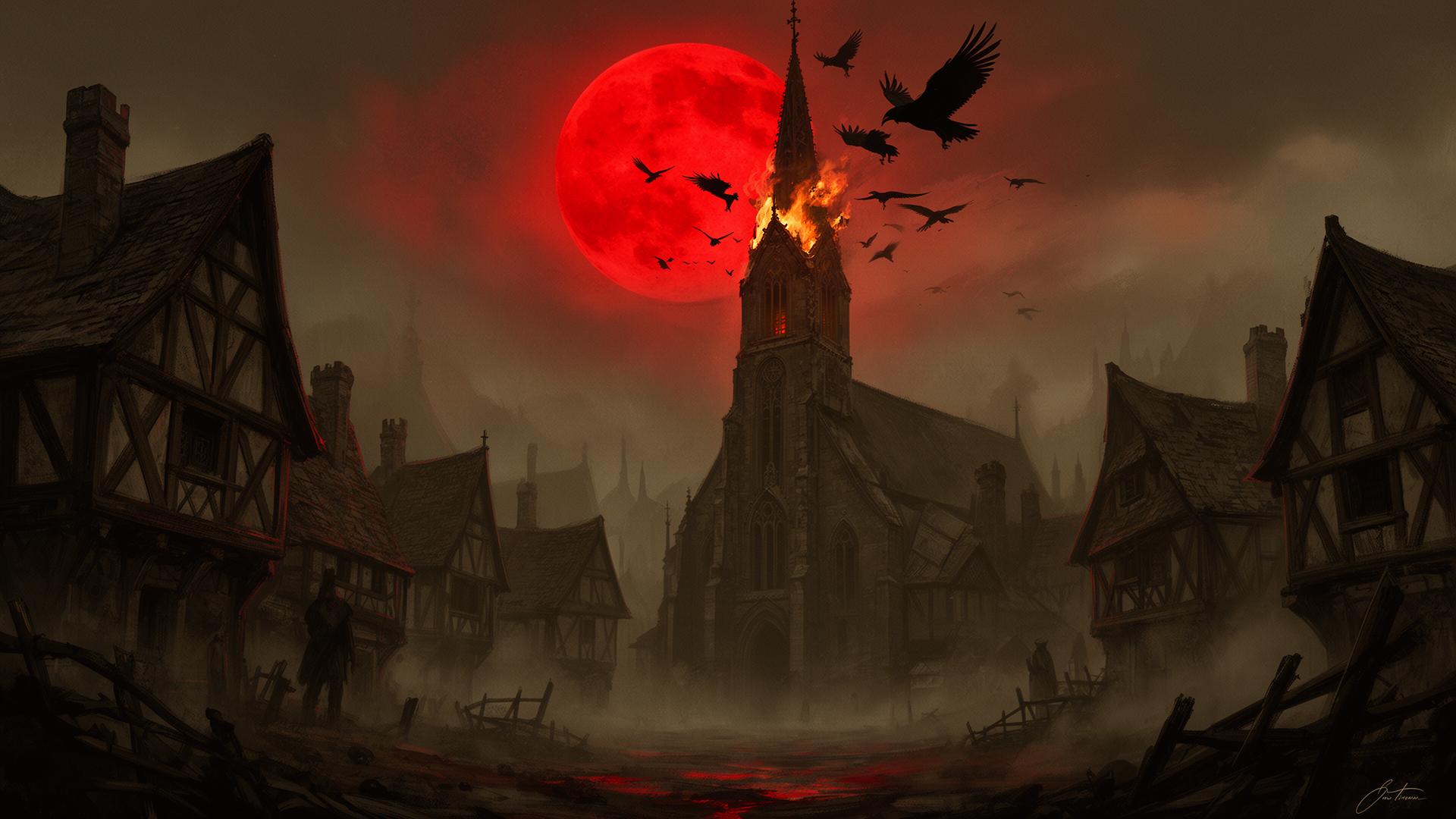 A plague-era village under a blood moon, crows circling a burning church spire